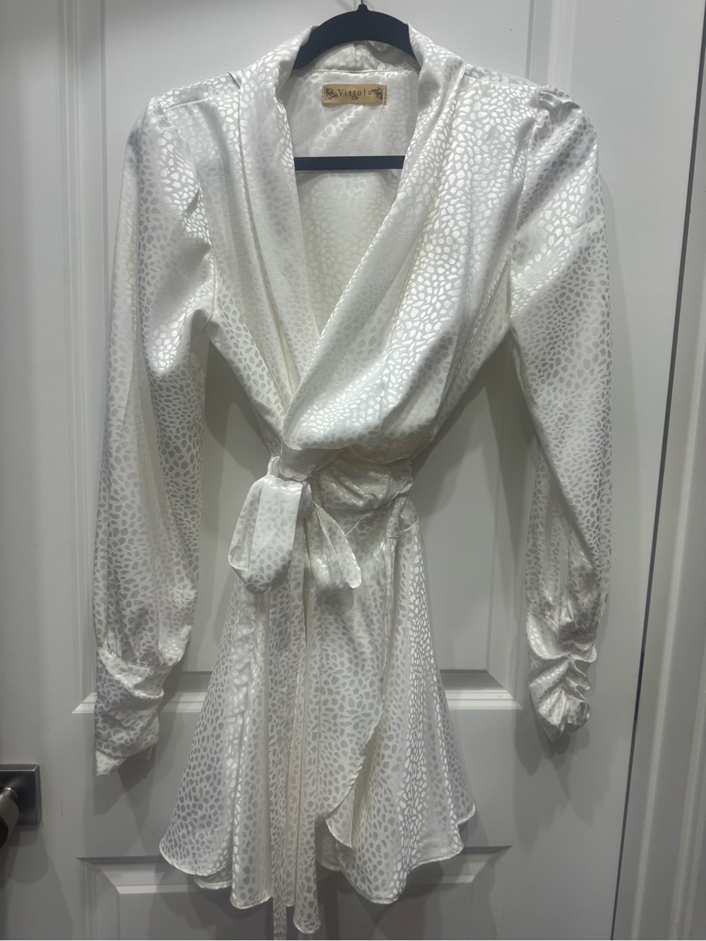 Vigoss White Satin Animal-Print Wrap Mini Dress
